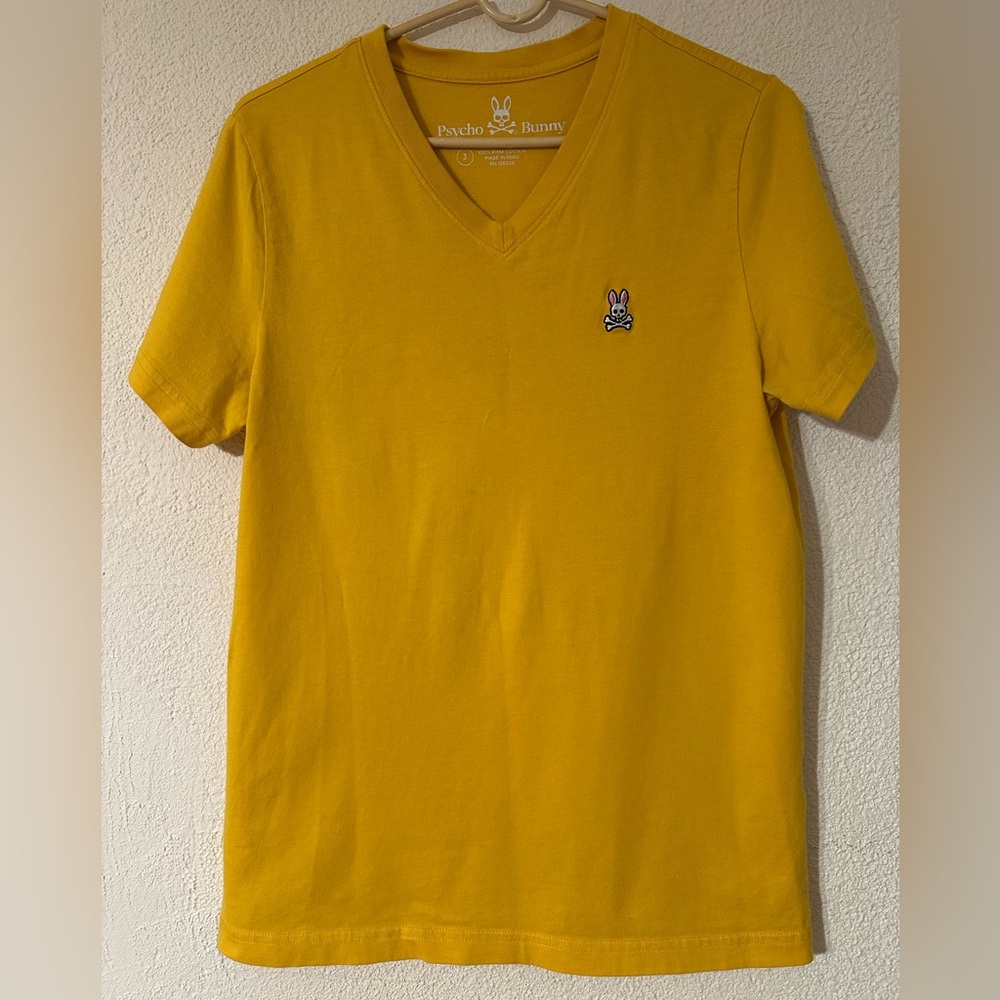 Psycho Bunny V Neck T-Shirt Men Yellow 100% Pima Cotton Embroidered Logo Size 3